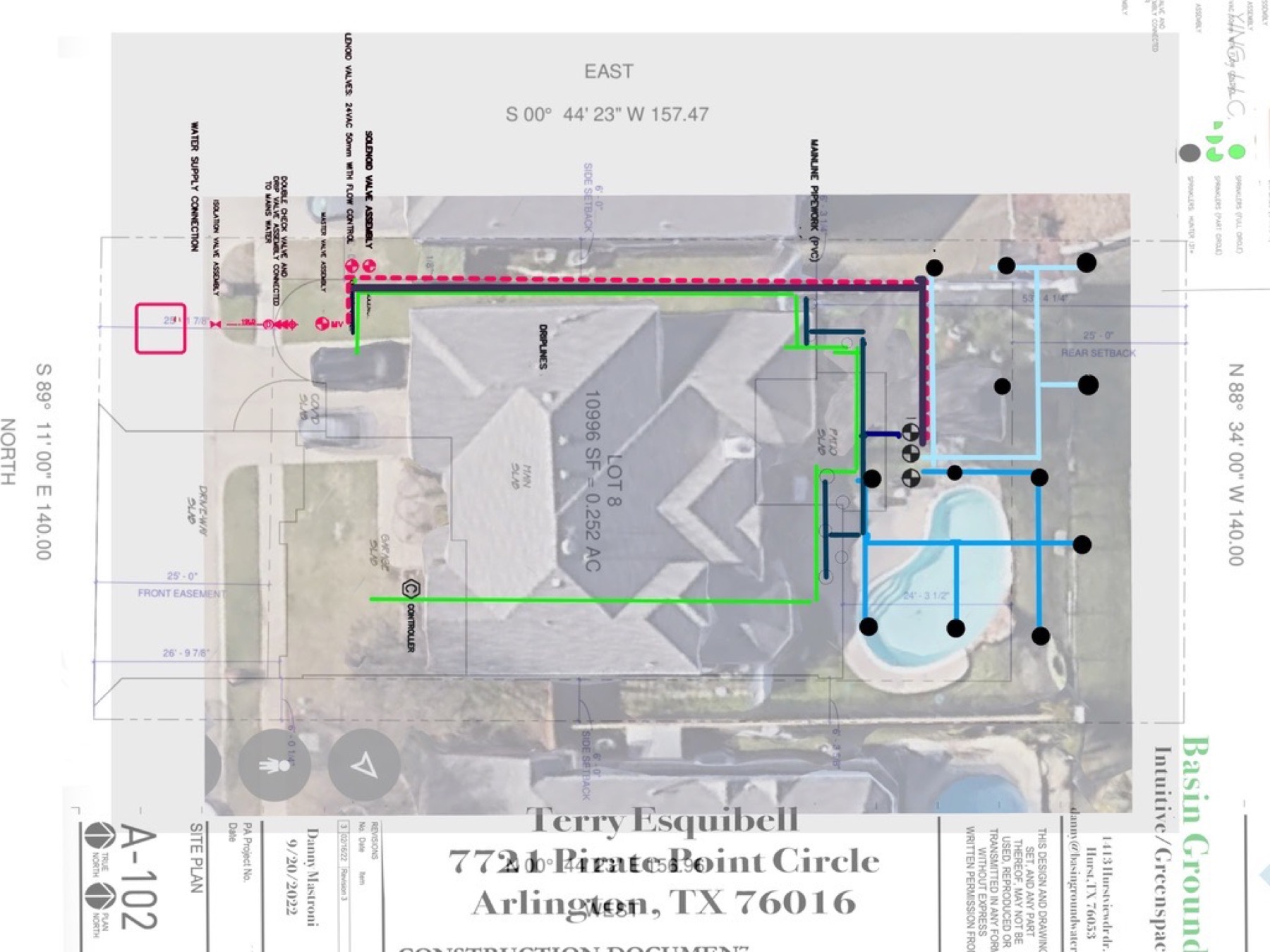 Waterline site plan showing irrigation zones and proposed pipe routing